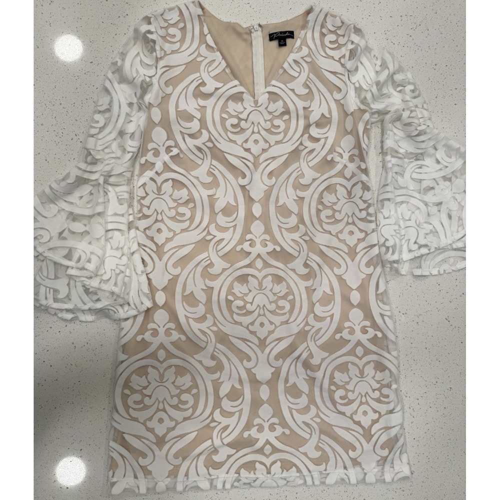 Prelude Baroque Mesh Bell Sleeve Short Dress V-Neck Beige White Romantic- M